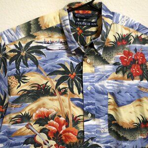 Nautica Shirt Mens XL Short Sleeve Button Hawaiian Beach Ocean Tropic Blue
